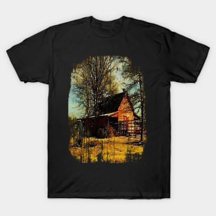 watercolor landscape Autumn western country farmhouse red barn T-Shirt